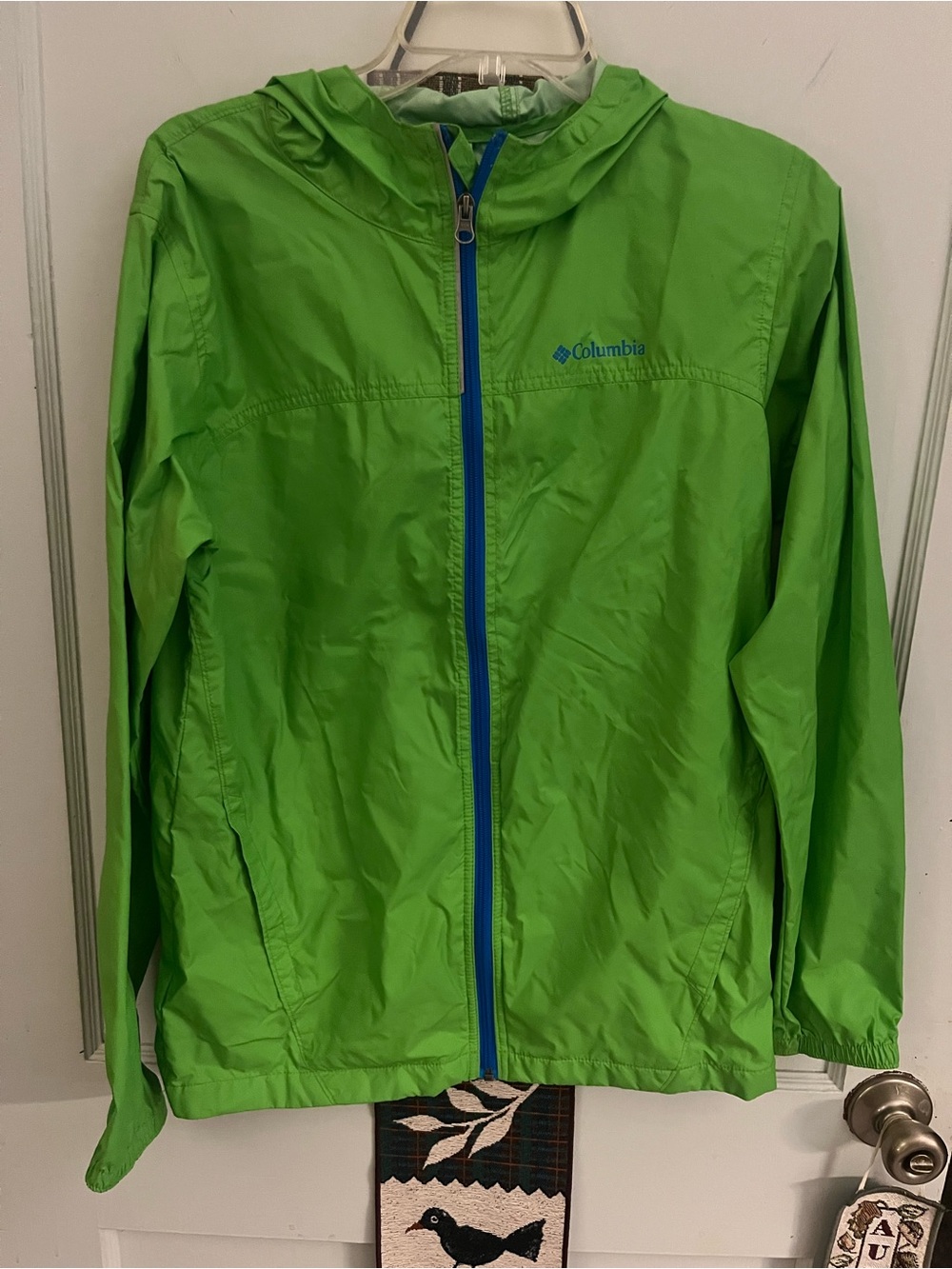 Columbia Kids Lime Green Hooded Rain Jacket with Blue Zipper